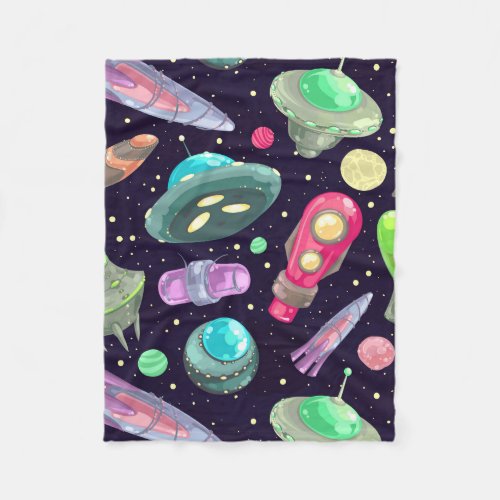 Colorful Childish Spaceship Fleece Blanket