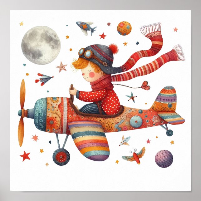 Colorful Children's Art Child Flying Old Airplane Poster (Front)