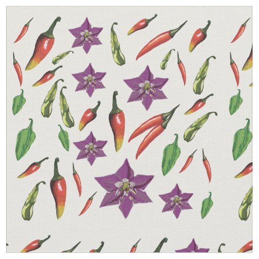 Colorful chili peppers & blossom pattern fabric