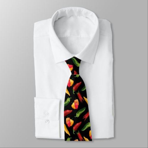 Colorful Chili peppers on black Neck Tie