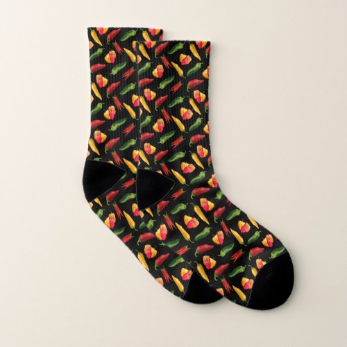 Colorful Chili peppers on black  Socks