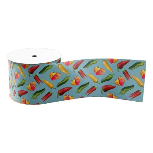 Colorful Chili peppers on blue  Grosgrain Ribbon