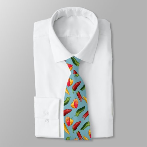 Colorful Chili peppers on blue  Neck Tie