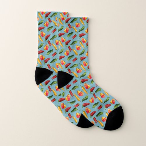 Colorful Chili peppers on blue  Socks