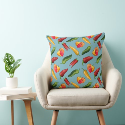 Colorful Chili peppers on blue  Throw Pillow