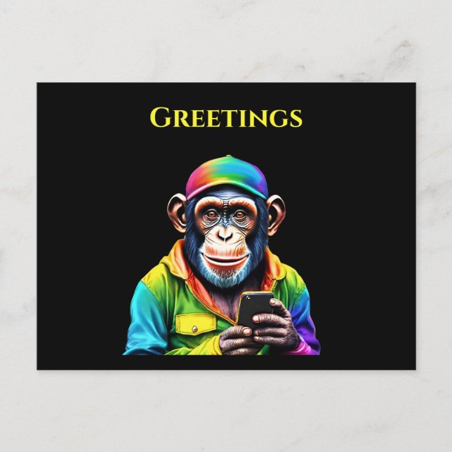 Colorful Chimpanzee with a Phone-Funny- Postcard (Front)