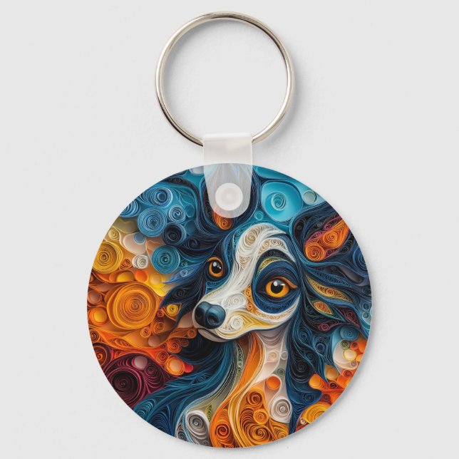 Colorful Chinese Crested Dog Portrait Keychain (Front)