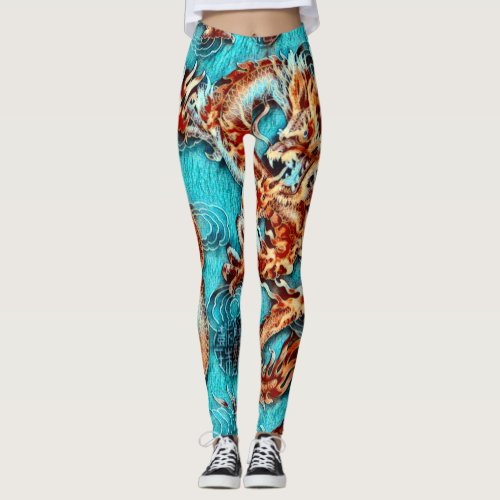 Colorful Chinese Emperor Dragon Acrylic Paint Leggings