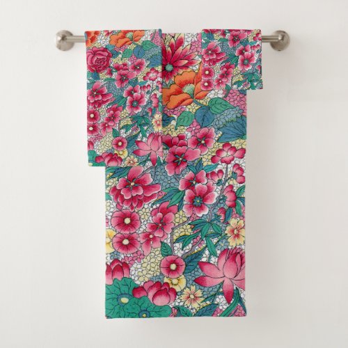 Colorful Chinese Floral Pattern Bath Towel Set