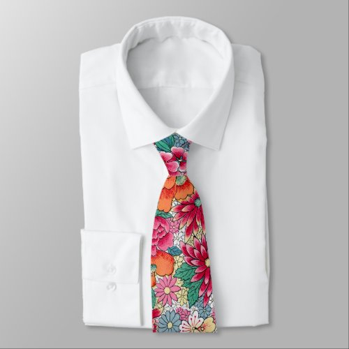 Colorful Chinese Floral Pattern Neck Tie