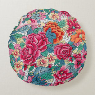Colorful Chinese Floral Pattern Round Pillow