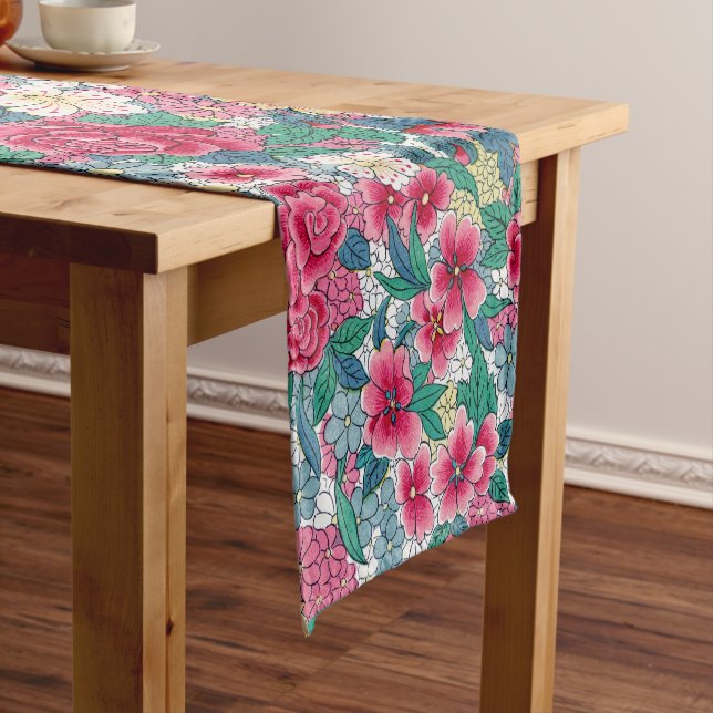 Colorful Chinese Floral Pattern Short Table Runner (In Situ)