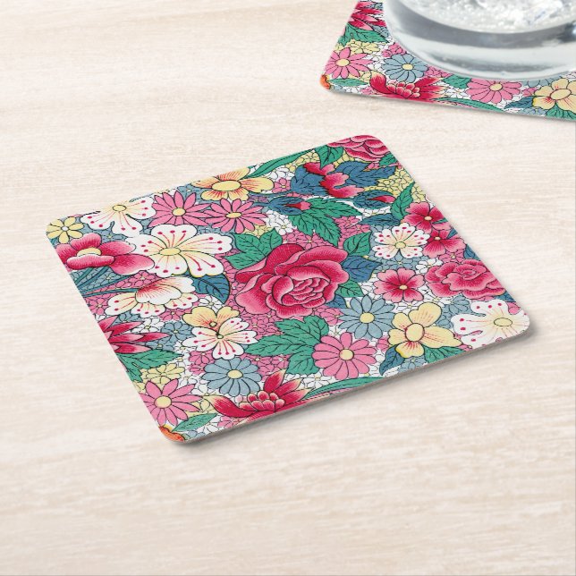 Colorful Chinese Floral Pattern Square Paper Coaster (Angled)