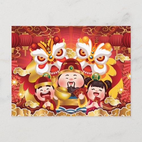 Colorful Chinese New Year dragons  people Postcard