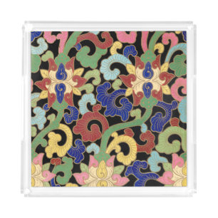 Colorful Chinoiserie Floral Pattern on Black Acrylic Tray