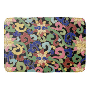 Colorful Chinoiserie Floral Pattern on Black Bath Mat