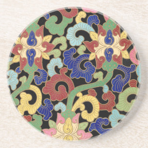 Colorful Chinoiserie Floral Pattern on Black Coaster