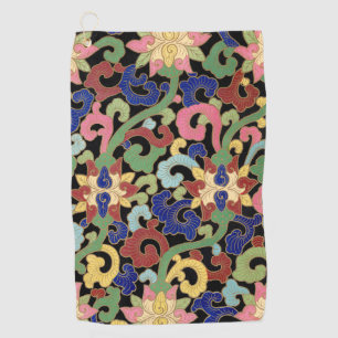 Colorful Chinoiserie Floral Pattern on Black Golf Towel