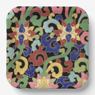 Colorful Chinoiserie Floral Pattern on Black Paper Plates