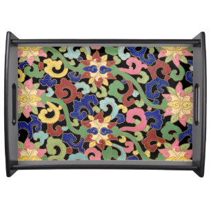 Colorful Chinoiserie Floral Pattern on Black Serving Tray