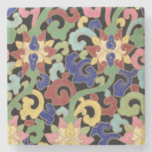 Colorful Chinoiserie Floral Pattern on Black Stone Coaster