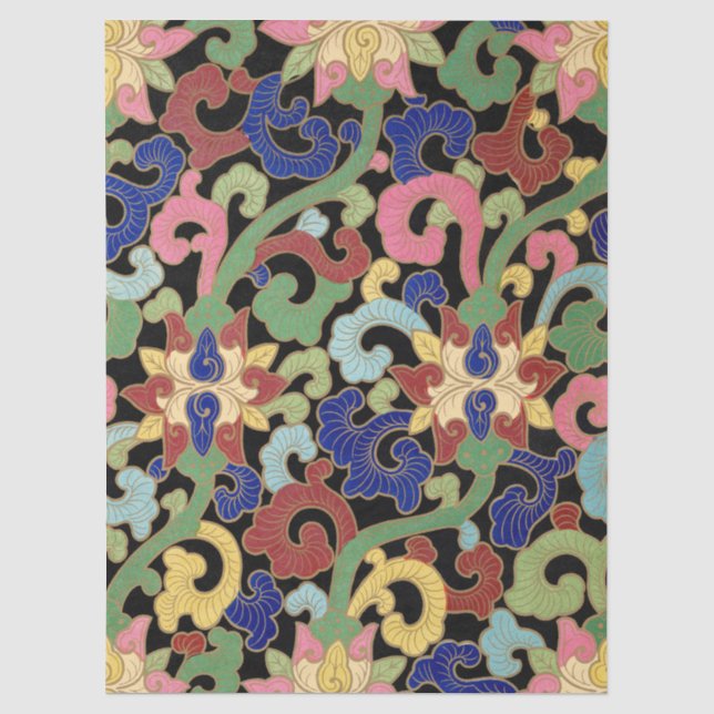 Colorful Chinoiserie Floral Pattern on Black Tissue Paper (Front)