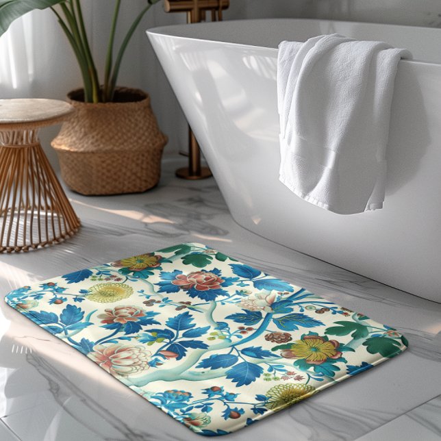 Colorful Chinoiserie Traditional Floral Pattern Bath Mat (Creator Uploaded)