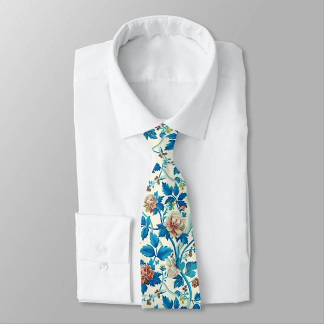 Colorful Chinoiserie Traditional Floral Pattern Neck Tie (Tied)
