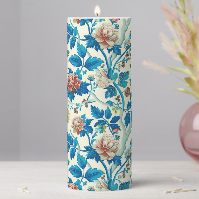 Colorful Chinoiserie Traditional Floral Pattern Pillar Candle (In Situ)