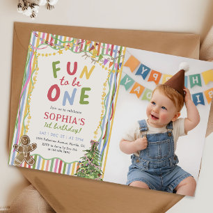 Colorful Chirstmas Kids 1st Birthday Photo Invitation