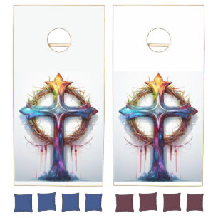Colorful Christian cross over crown of thorns Cornhole Set
