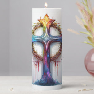 Colorful Christian cross over crown of thorns Pillar Candle