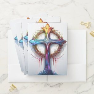 Colorful Christian cross over crown of thorns Pocket Folder