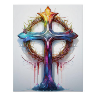 Colorful Christian cross over crown of thorns Poster