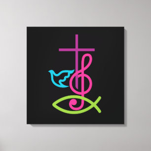 Colorful Christian Cross with Music Note & Fish Canvas Print