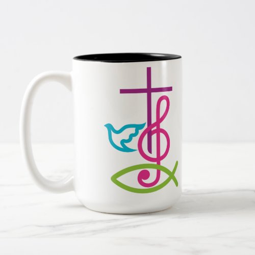 Colorful Christian Cross with Music Note  Fish Two_Tone Coffee Mug