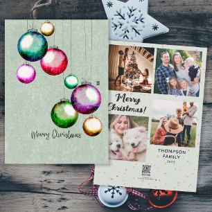 Colorful Christmas Balls 4 Family Photo Collage Holiday Card