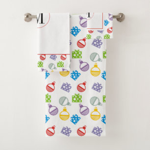Colorful Christmas balls and gifts monogram Bath Towel Set