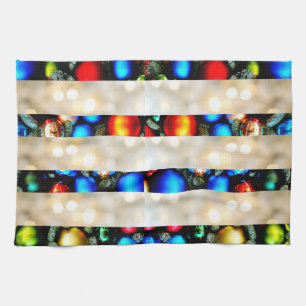 Colorful Christmas Balls And White Lights Stripes Kitchen Towel