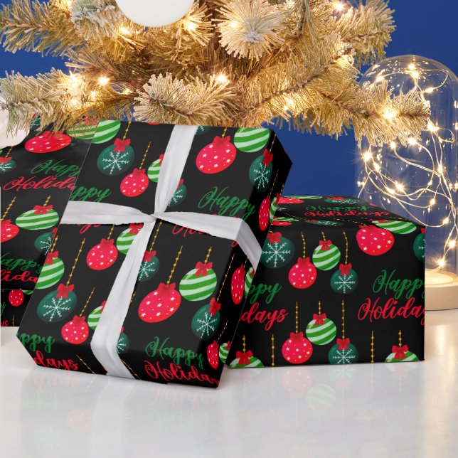 Colorful Christmas Balls Happy Holidays Black Wrapping Paper (Holidays)