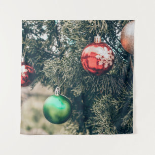 Colorful Christmas bauble decoration on a tree. Vi Tapestry