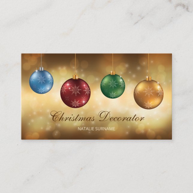 Colorful Christmas Baubles On Yellow Bokeh Business Card (Front)
