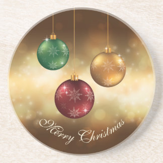 Colorful Christmas Baubles On Yellow Bokeh Coaster
