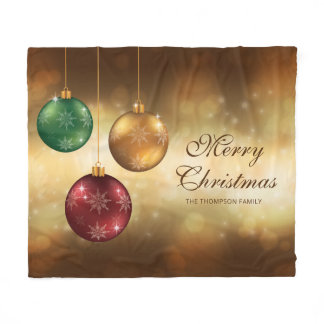 Colorful Christmas Baubles On Yellow Bokeh Fleece Blanket