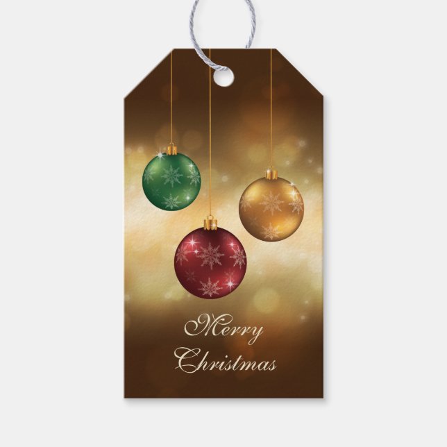 Colorful Christmas Baubles On Yellow Bokeh Gift Tags (Front)