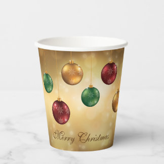 Colorful Christmas Baubles On Yellow Bokeh Paper Cups