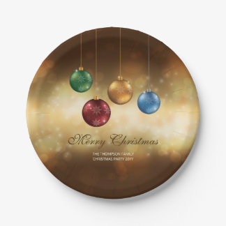 Colorful Christmas Baubles On Yellow Bokeh Paper Plates