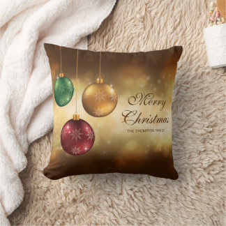 Colorful Christmas Baubles On Yellow Bokeh Throw Pillow