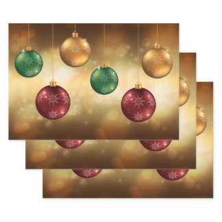 Colorful Christmas Baubles On Yellow Bokeh Wrapping Paper Sheets