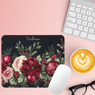 Colorful Christmas Baubles with Poinsettia Mouse Pad